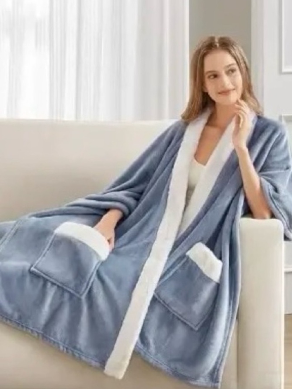 PREMIER COMFORT Cozy Plush Contrast Trim Wrap Blanket 50x70 Dusty Blue Solid NIB